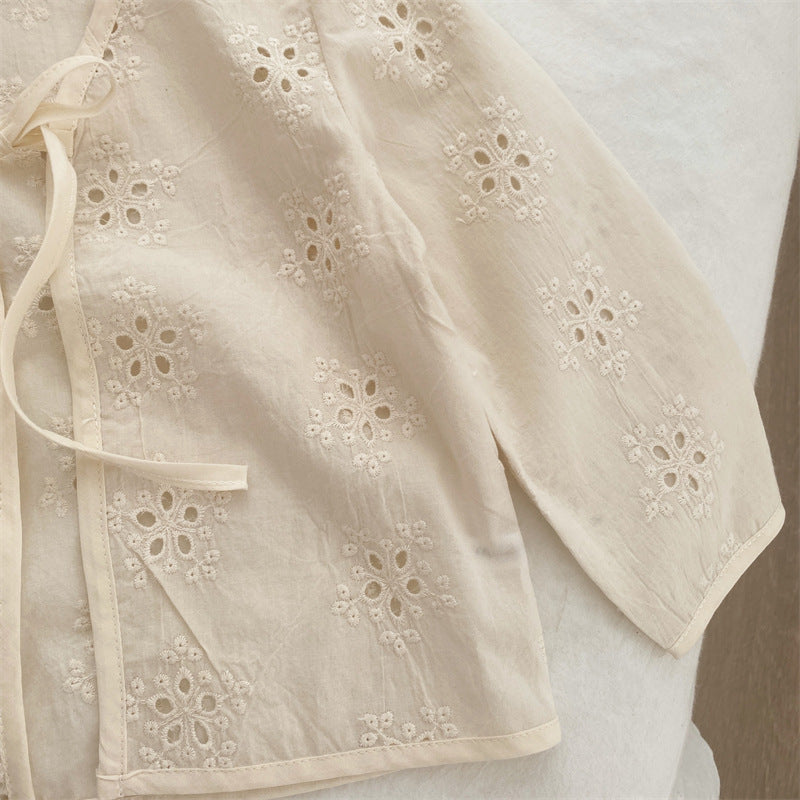 Baby/Kids Flower Embroidery Lace Long-Sleeve Collarless Cardigan [mh0001791]