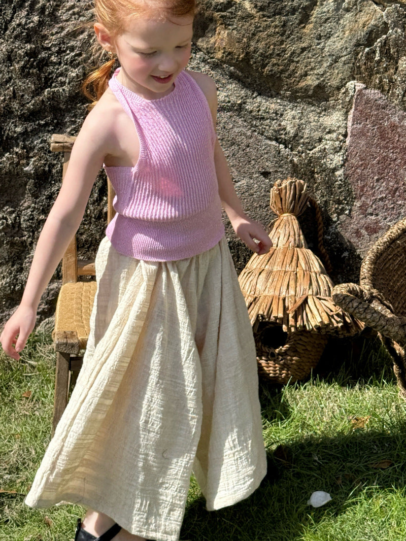 Textured Cotton Linen Culottes ドット シンプル ロングガウチョパンツ【mh0012822】