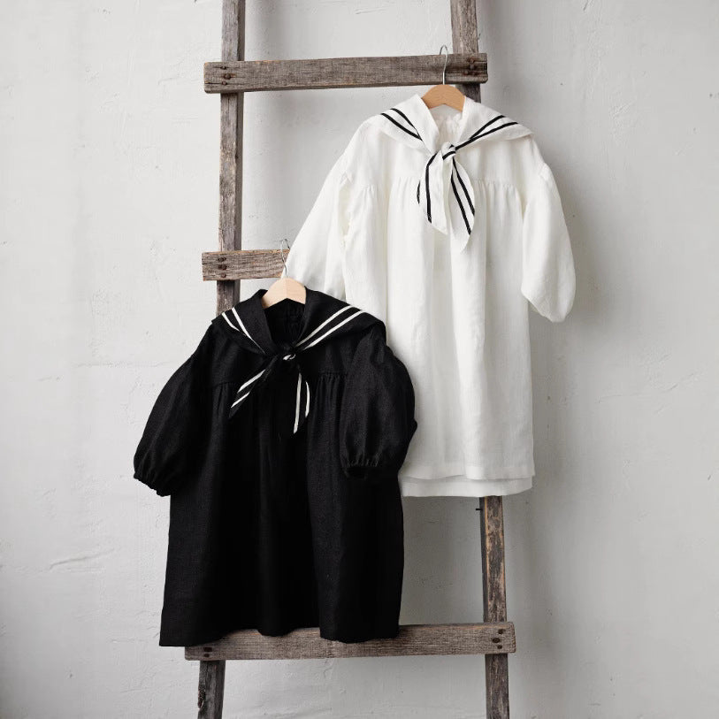 Kids' Sailor Collar Detachable Puff Sleeve Linen A-Line Long-Sleeved Dress [mh0013876]