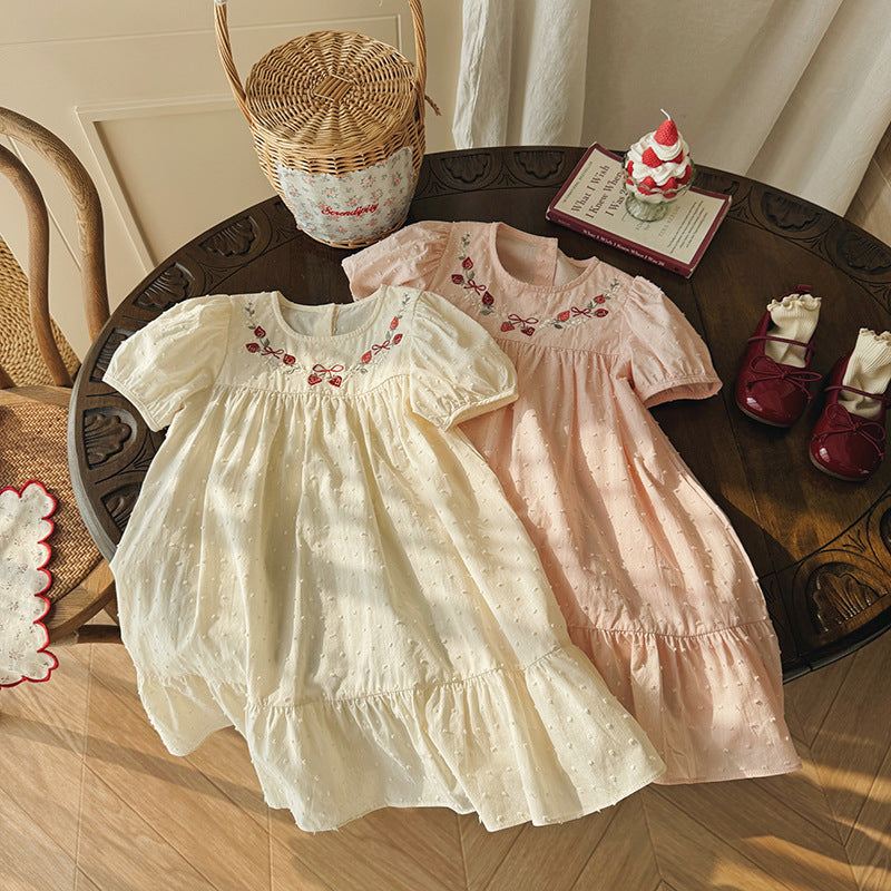 Strawberry Embroidery Dotted Cotton Dress いちご 半袖ワンピース【mh0013653】