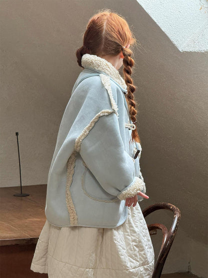 Faux shearling duffle coat with boa, dull blue, mid-length [mh0011751]