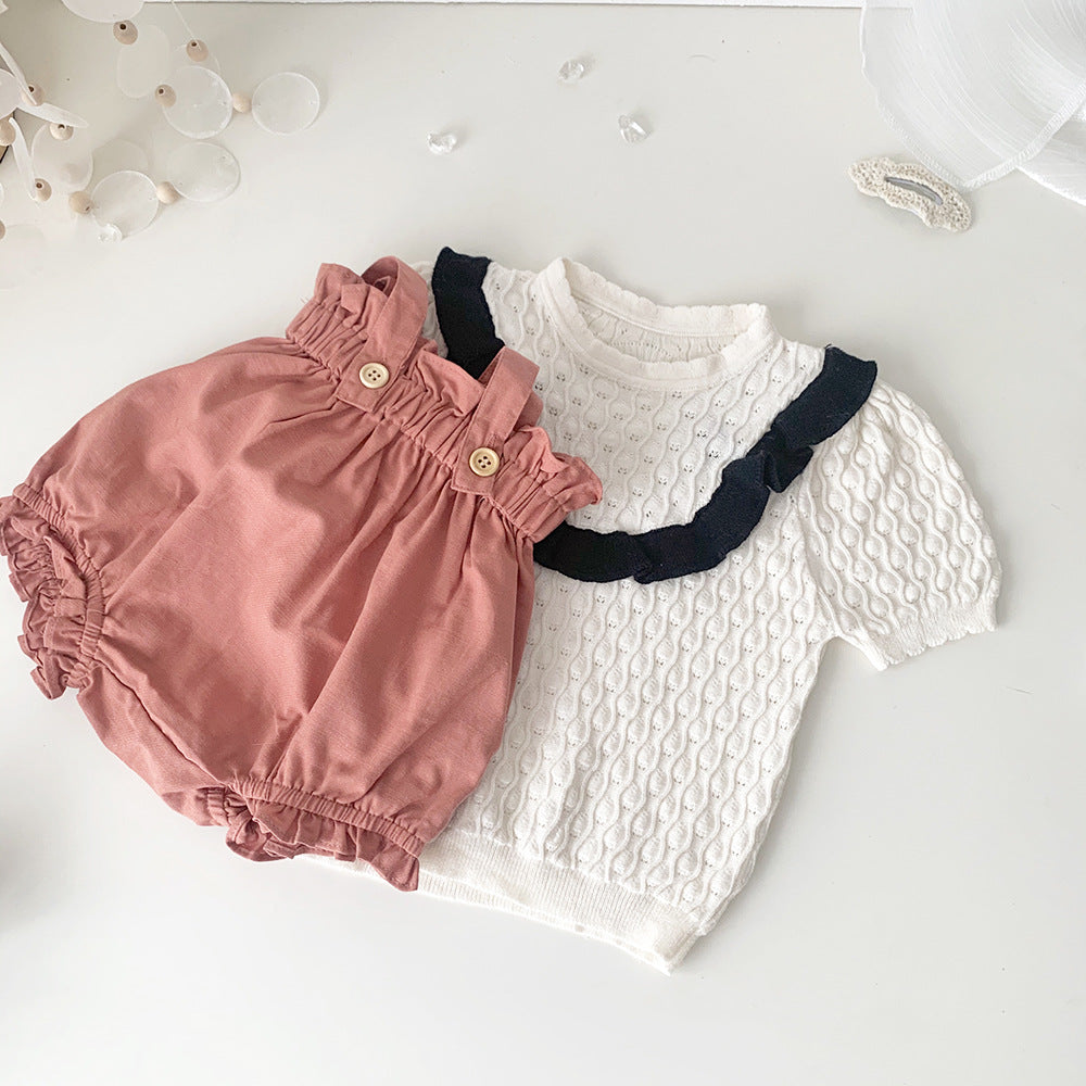 Baby Kids Openwork Knit Ruffled Summer Top Backless Short Sleeve T-Shirt [mh0002013]