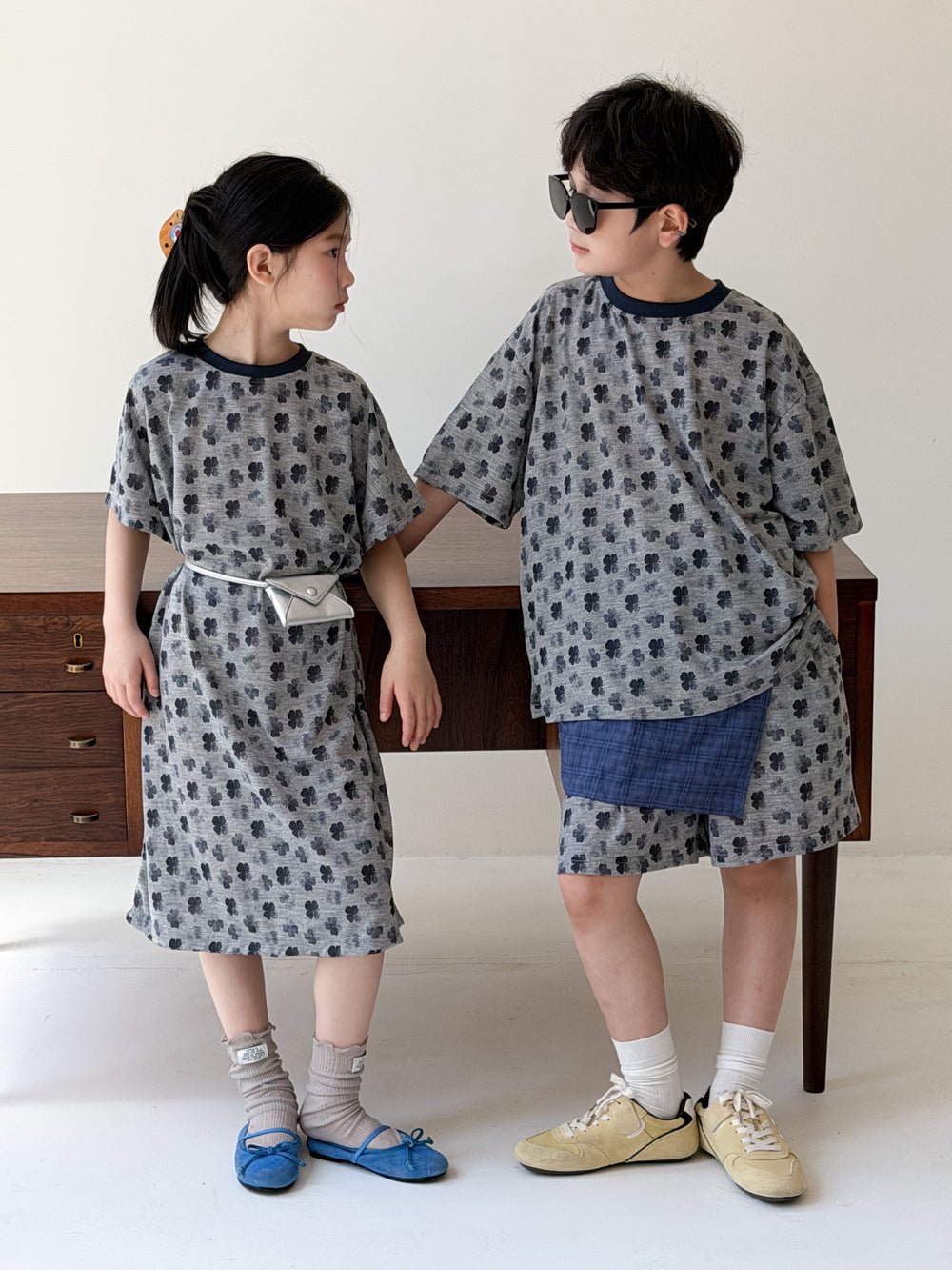 Clover Casual Summer Matching Items クローバー 半袖Tシャツ ハーフパンツ 半袖ワンピース【mh0013528】