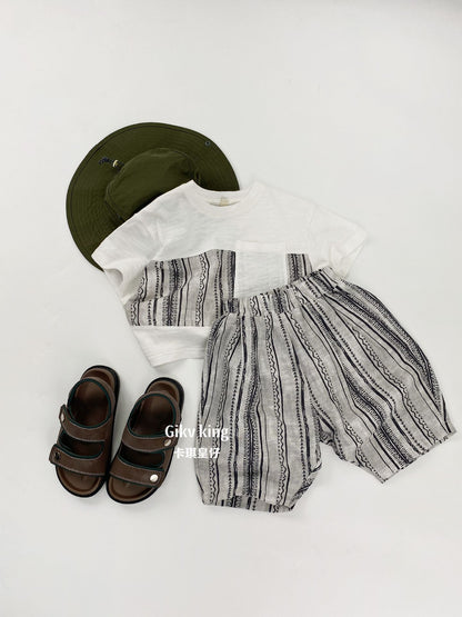 Short Sleeve Pocket Top, Striped Shorts, Geometric Pattern, Striped Short Sleeve Set Up [mh0012829]
