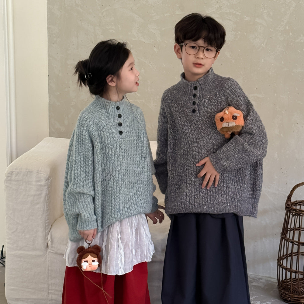 -スタンドネックボタン付きニットセーター スタンドカラーハイネックトップス【mh0010966】 - mamahalo shop - ニット・セーター -  べビー服 - 子供服 - 男の子 - 女の子