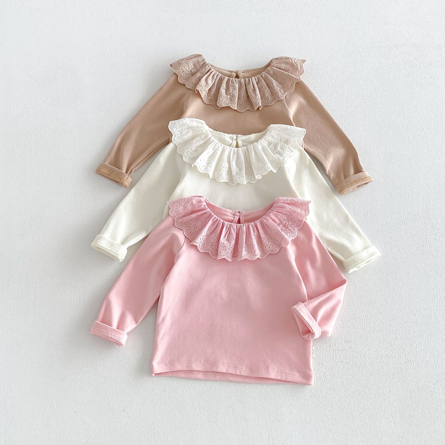 Camiseta de manga larga con cuello y dobladillo de volantes para niñas y pantalón acampanado【mh0014029】