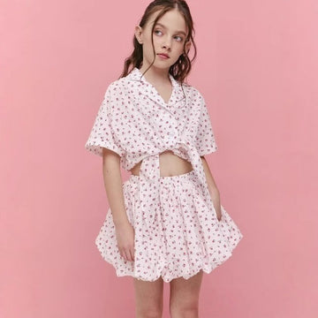 Kids' Floral Ribbon Short-Sleeve Shirt & Balloon Skirt Set [mh0013859]