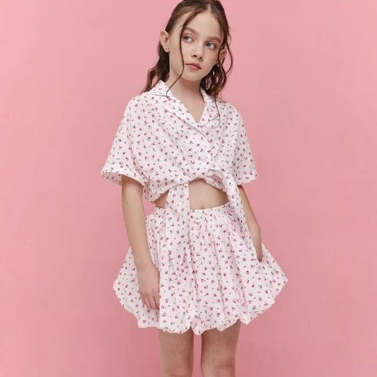 Conjunto de camisa de manga corta con lazo floral para niñas y falda globo【mh0013859】