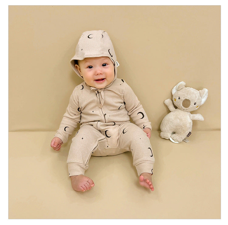 -ダイナソー/ムーン/フラワープリントジップアップ長袖ジャンプスーツロンパース【mh0010755】 - mamahalo shop - 長袖ロンパース -  べビー服 - 子供服 - 男の子 - 女の子