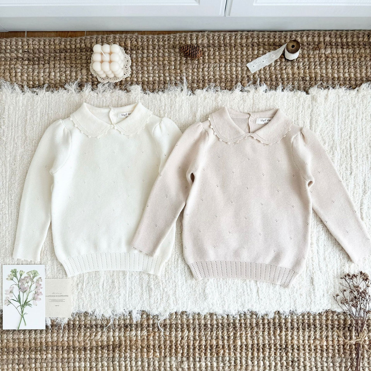 Jersey de punto para niños con cuello redondo, volantes, borde festoneado y calados [mh0014616]