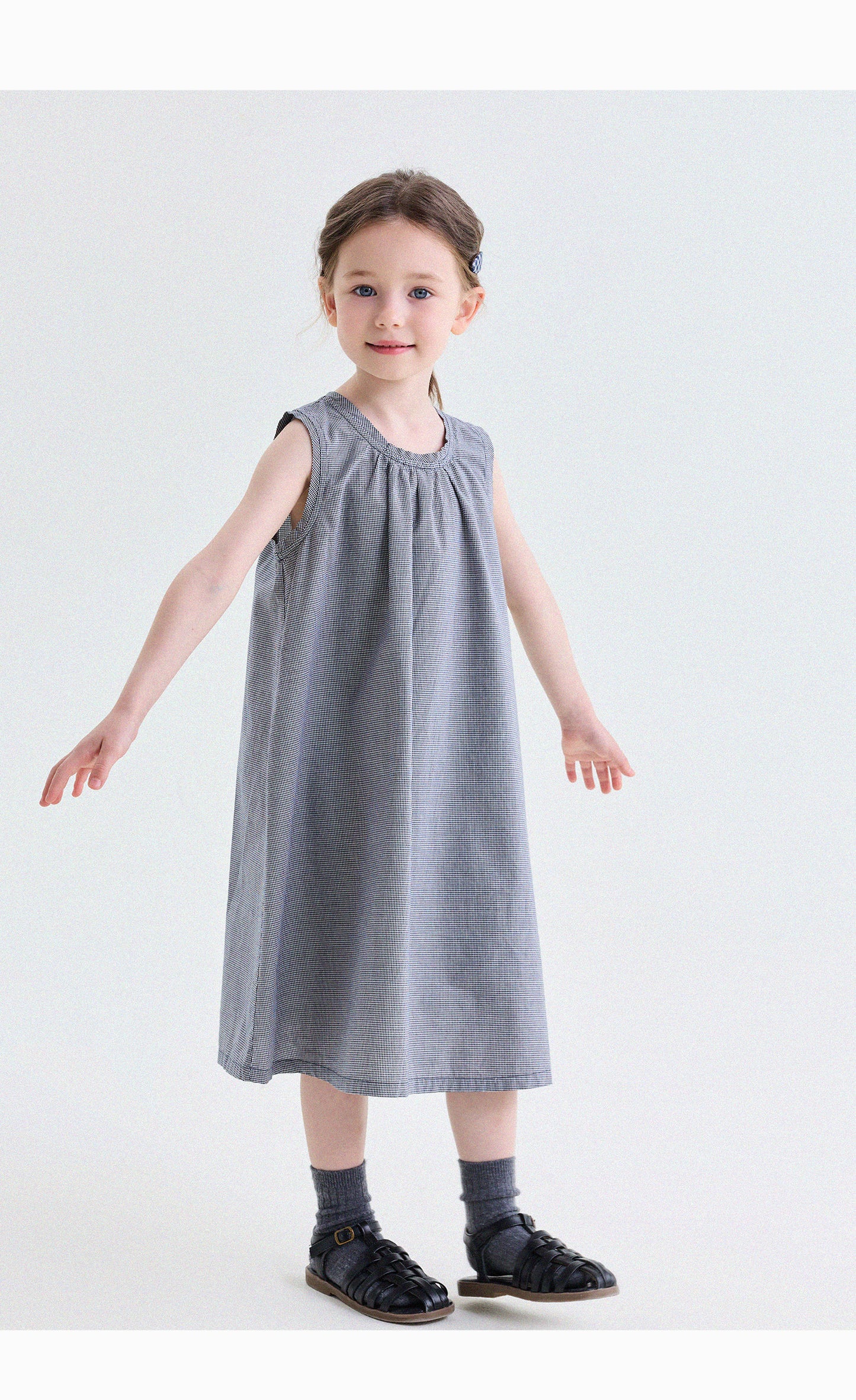 Vestido sin mangas con estampado de cuadros y fruncido tridimensional [mh0013746]