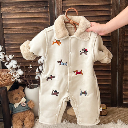 アウタージャンプスーツ 犬刺繍 ボア襟 フェイクムートン カバーオール【mh0011694】