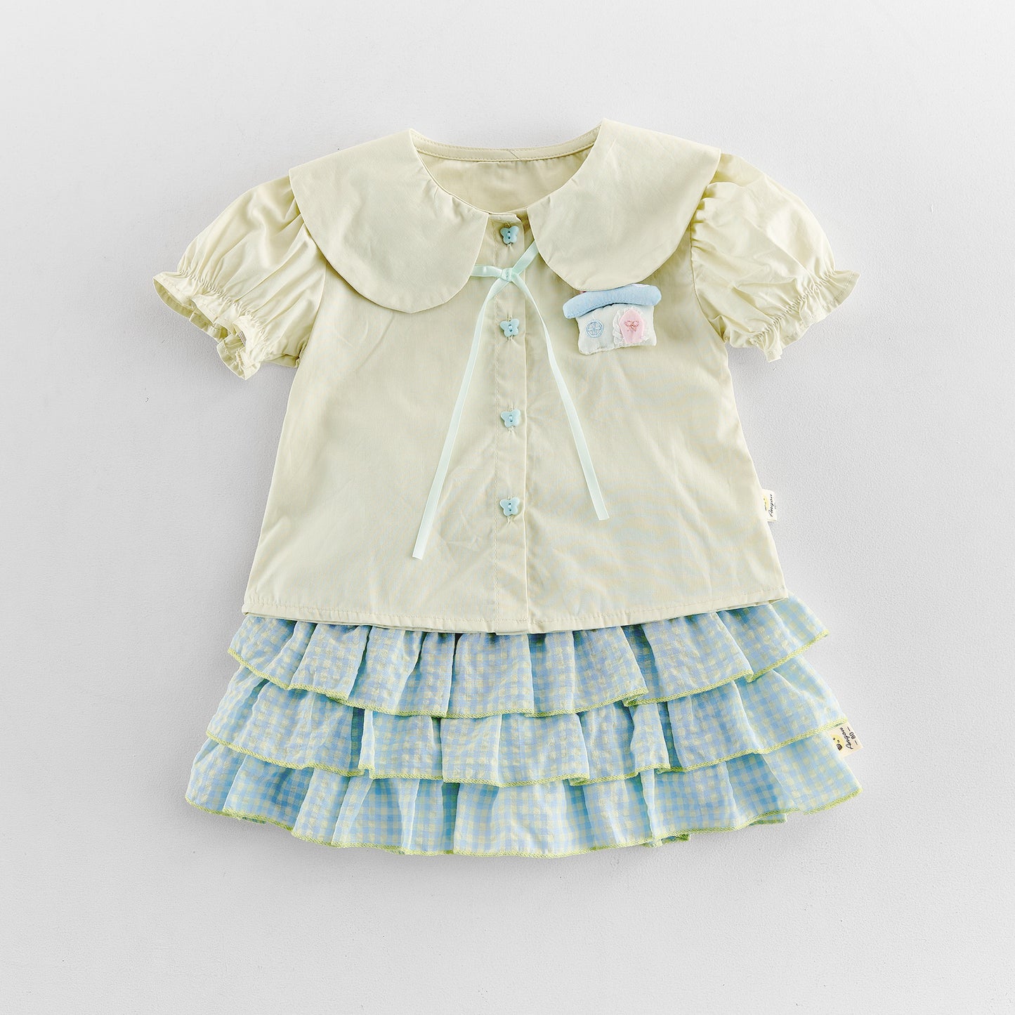 Gingham Ruffle Layered Skirt Doll Shirt Set チェック 半袖ブラウス キュロットスカート セット【mh0013437】