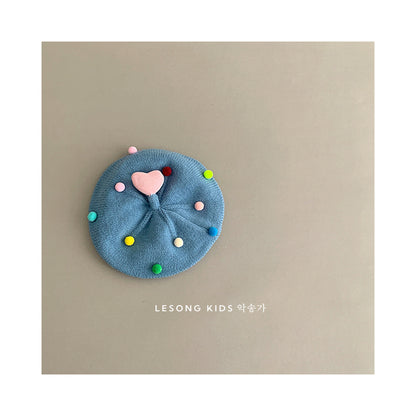 ベビー帽子 カラフルぽんぽん ハート ニット ベレー帽【mh0011842】