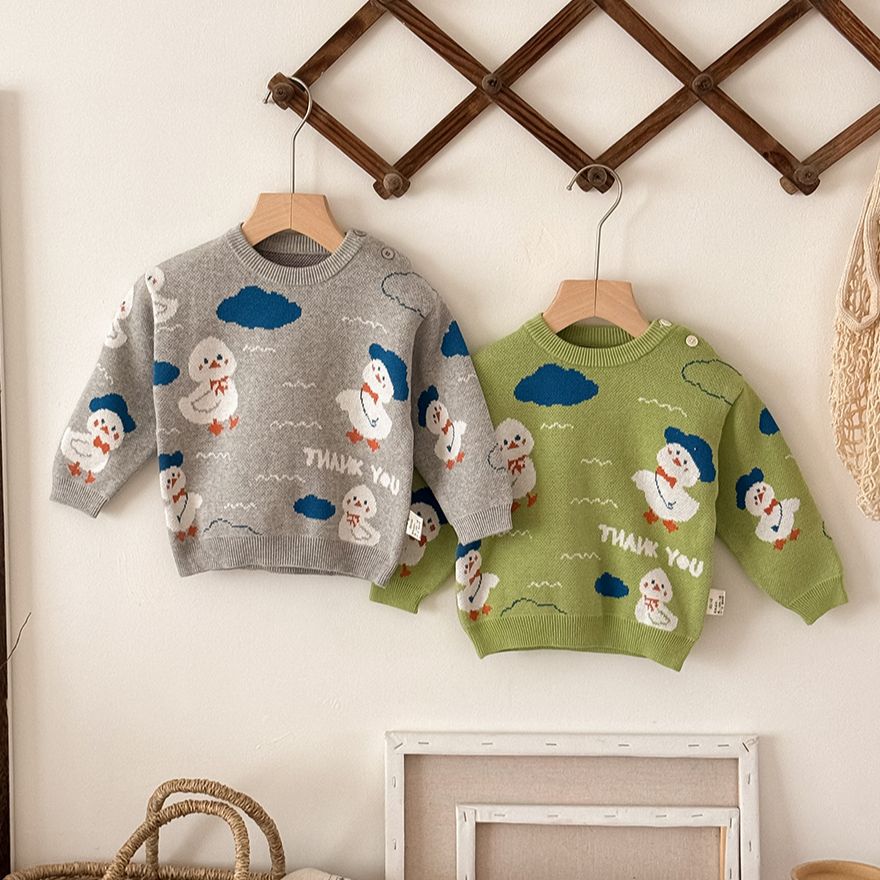 ニットセーター アヒル柄 厚手 クルーネック コットン ルーズフィット【mh0011690】