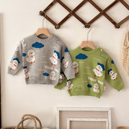 ニットセーター アヒル柄 厚手 クルーネック コットン ルーズフィット【mh0011690】