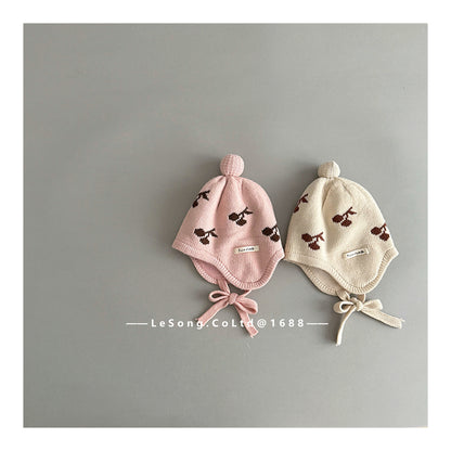 ベビー帽子 チェリー/ムーン月 ニット 耳当て付き ニットキャップ【mh0011829】