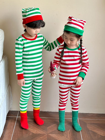 Kids' striped long-sleeve T-shirt, easy-fit long pants, and pom-pom motif cap: 3-piece set【mh0008100】