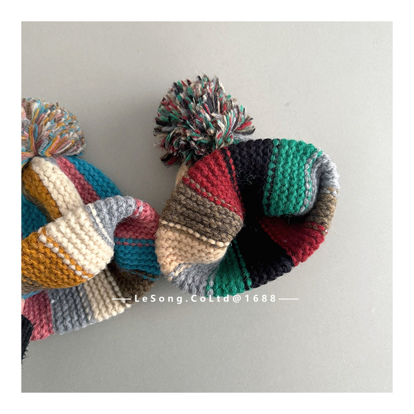 キッズ帽子 カラフルストライプ ニットキャップ ぽんぽん ビーニー【mh0011847】