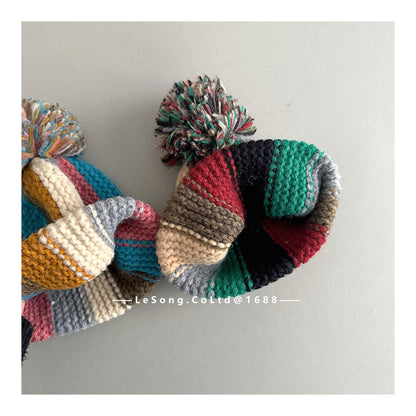 キッズ帽子 カラフルストライプ ニットキャップ ぽんぽん ビーニー【mh0011847】