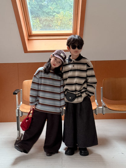 長袖ポロシャツ キッズ ボーダー柄 裏起毛 厚手 ゆったり カジュアル トップス【mh0011669】