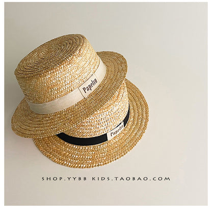 Kids' Logo Ribbon Straw Hat with Chin Strap Boater Hat [mh0000861]