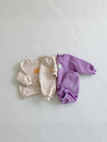 Conjunto de sudadera de manga larga con estampado de sonrisa y pantalón largo para bebé y niños 【mh0014642】