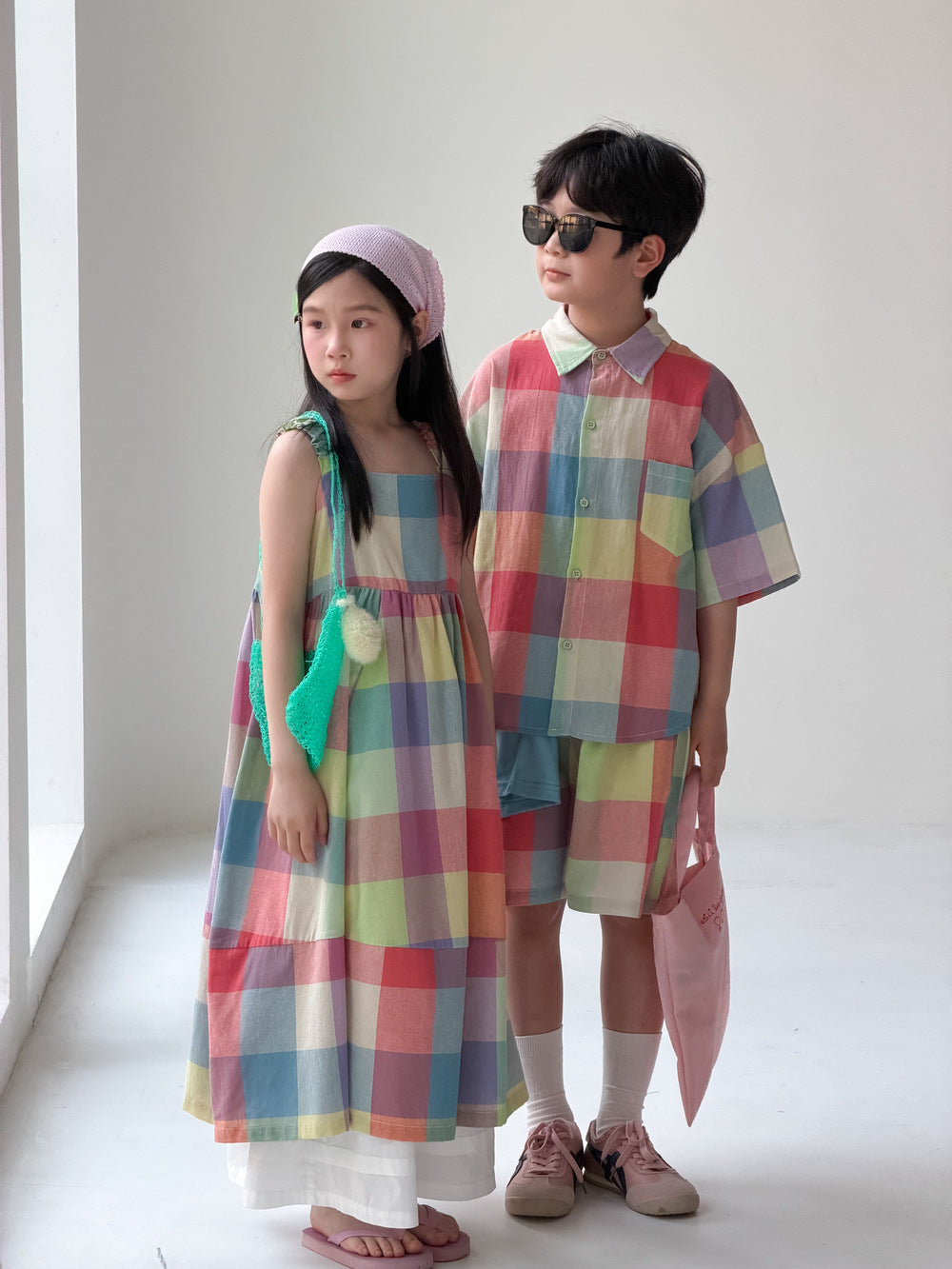 Gingham Multi Colored Dress Shirt Shorts Set ノースリーブワンピース 半袖シャツ パンツ【mh0013523】