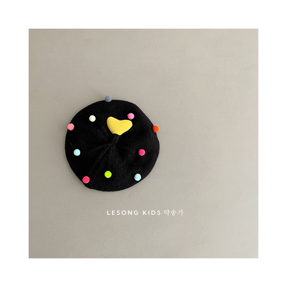 ベビー帽子 カラフルぽんぽん ハート ニット ベレー帽【mh0011842】