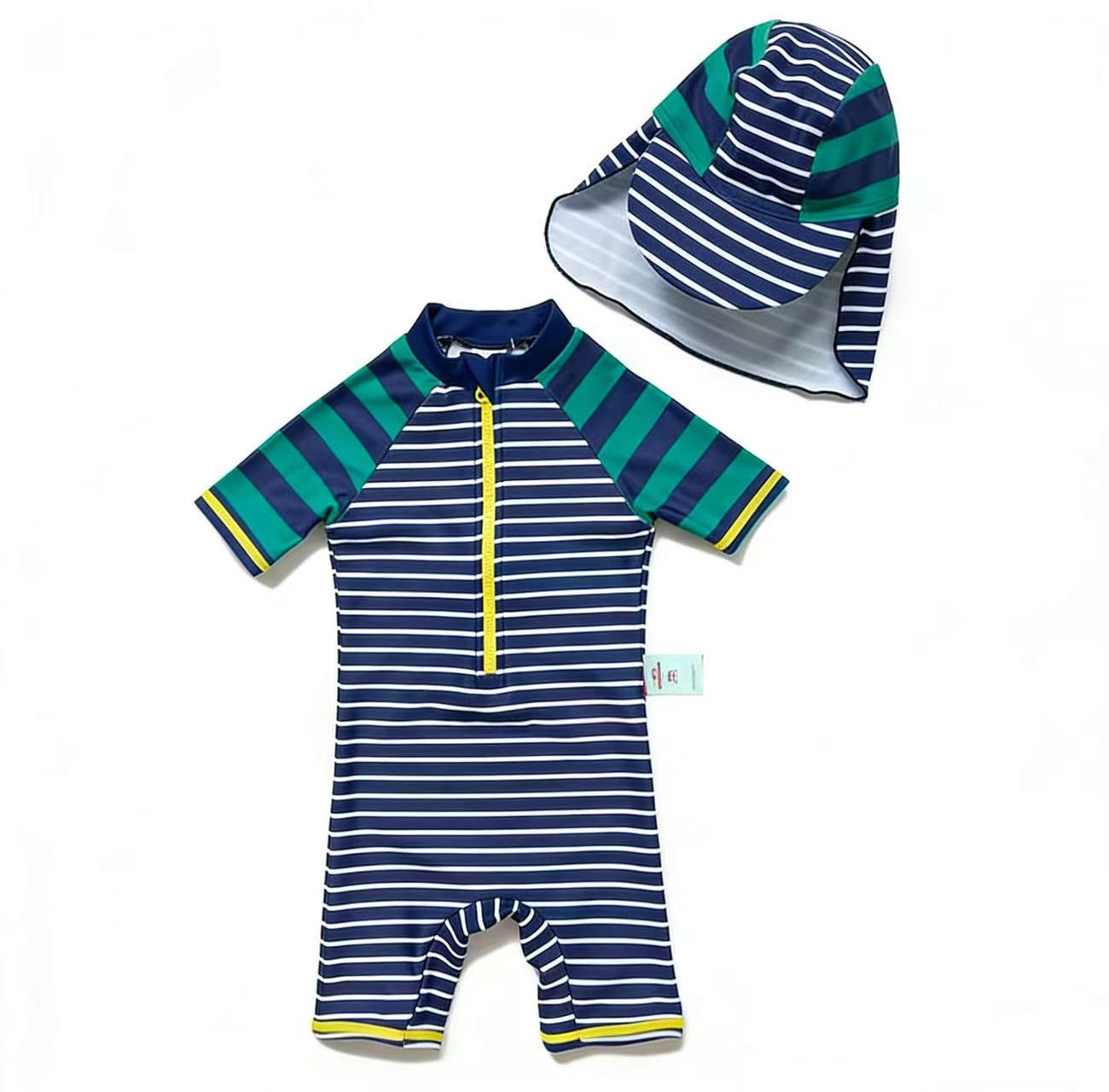 Striped Swimsuit With Matching Cap マリン 半袖水着 帽子セット【mh0013320】