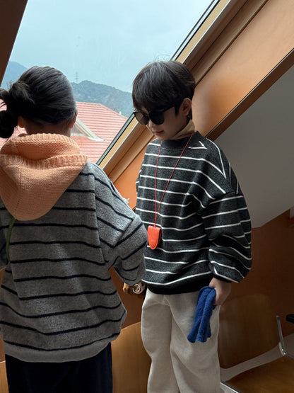 長袖スウェットシャツ キッズ ボーダー柄 裏起毛 厚手 クルーネック ルーズフィット【mh0011671】