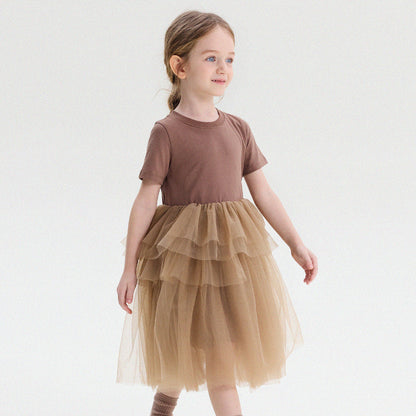 Short Sleeve Tiered Tulle Dress ドッキング 半袖ワンピース【mh0013183】
