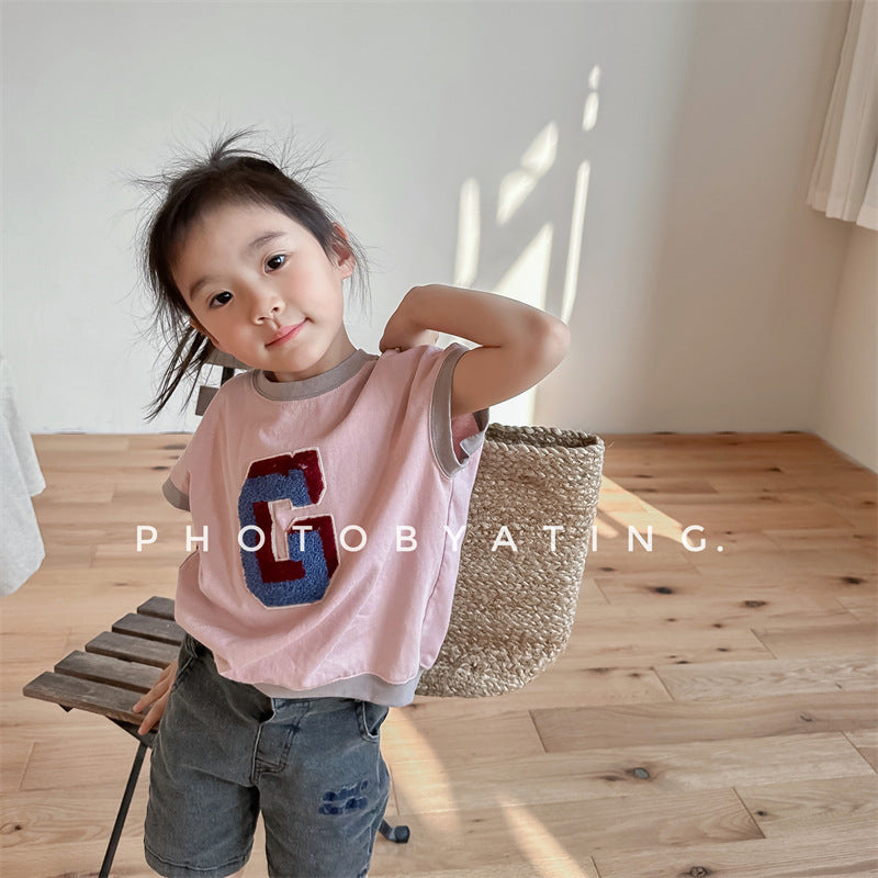 Kids' Alphabet Patchwork Applique Ringer Loose Short-Sleeved T-Shirt [mh0001820]