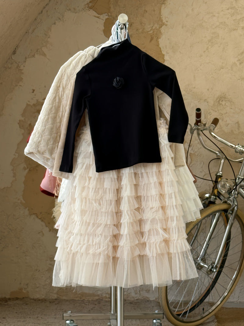 ハイネック長袖Tシャツ/ベルベッドメッシュドッキングスカート【mh0011888】