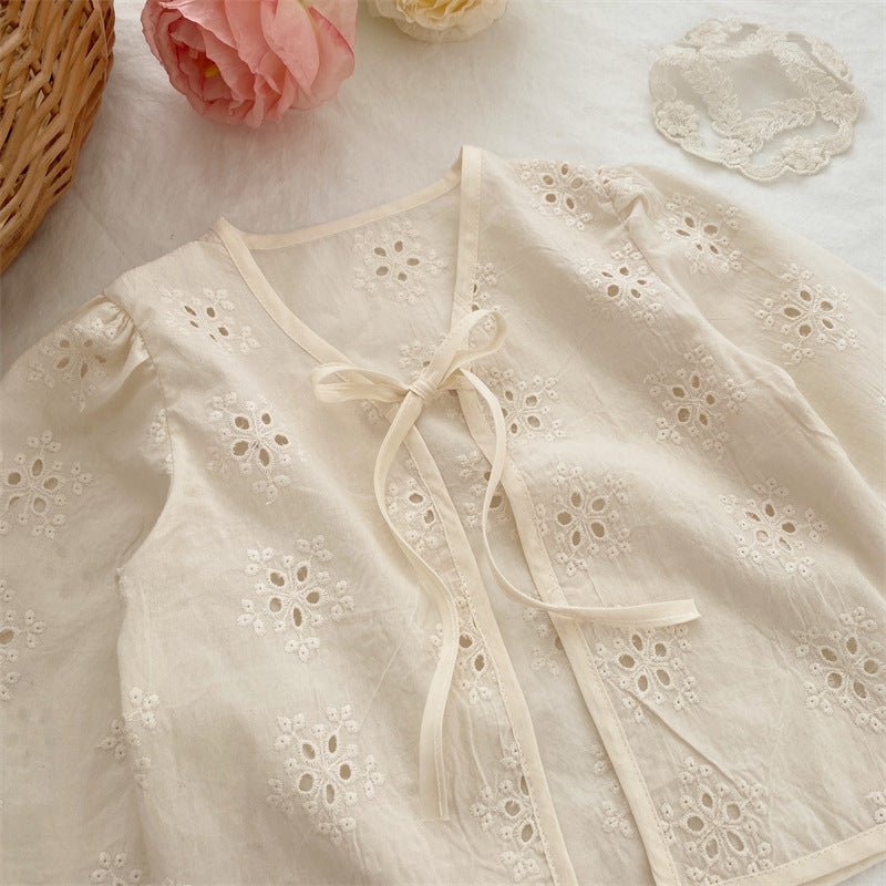 Baby/Kids Flower Embroidery Lace Long-Sleeve Collarless Cardigan [mh0001791]