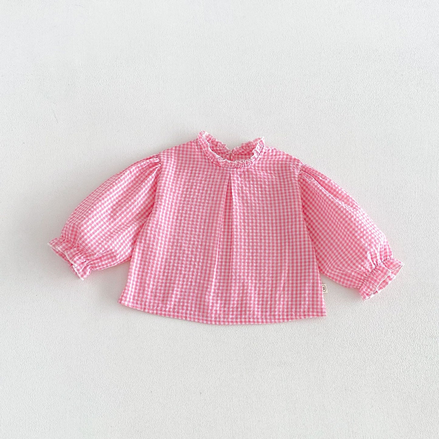 Blusa de manga larga con estampado de cuadros vichy para niños, con bordado floral y peto con pantalón [mh0014043]