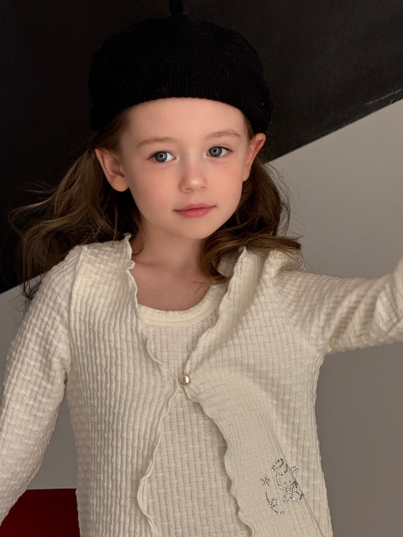 Kids' Mellow Frill Waffle Knit Long-Sleeve Cardigan, Camisole, and Flare Skirt Set [mh0014077]