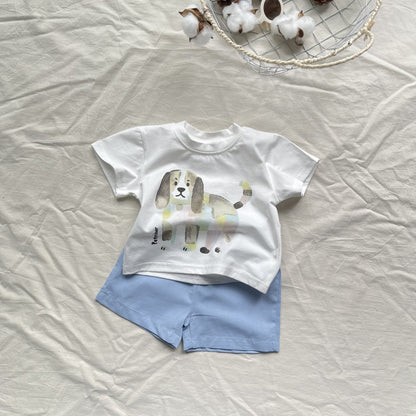 Playful Puppy Short Set - Dog Illustration Short-Sleeve T-Shirt and Shorts Set [mh0012904]