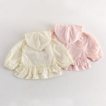 Kids Flower Motif Ruffle Hem Lightweight Hooded Zipper Long Sleeve Cardigan