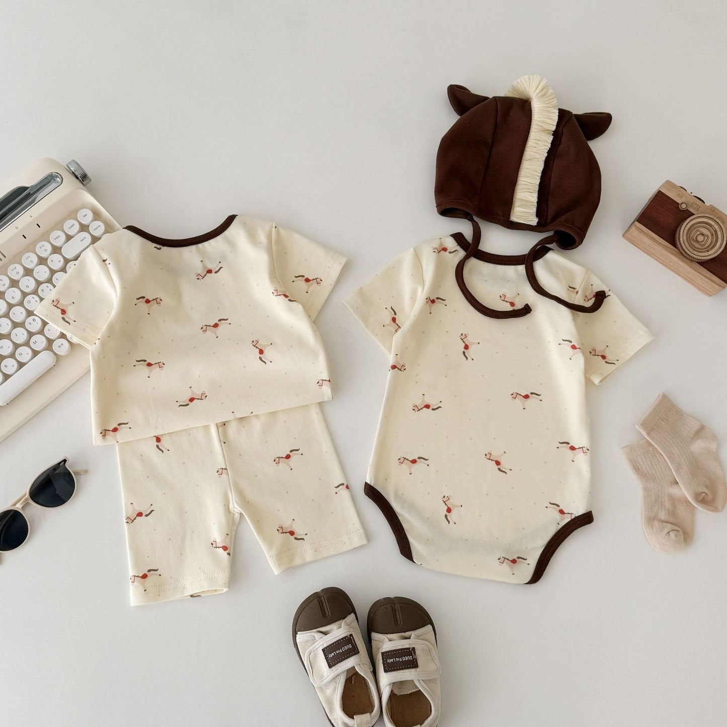 Pony Print Jumpsuit Shorts Set ポニー 半袖ロンパース トップス ショートパンツ セット【mh0013351】
