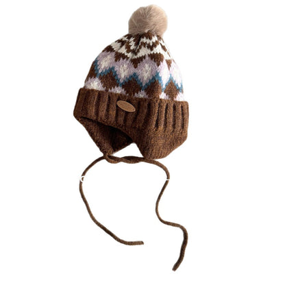 キッズ ニット帽 ノルディック柄 耳当て付き ボンボン 韓国風【mh0011593】