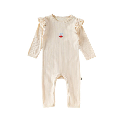 長袖ロンパース コットン フリル 刺繍 リブ カバーオール【mh0011699】