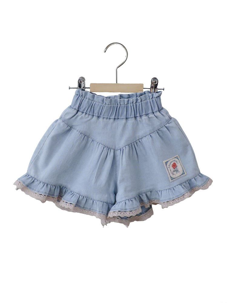 Lace Print Denim Shorts フリル デニムショートパンツ【mh0012981】
