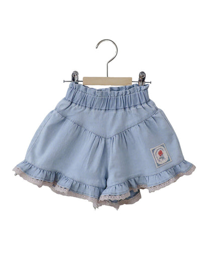 Lace Print Denim Shorts フリル デニムショートパンツ【mh0012981】