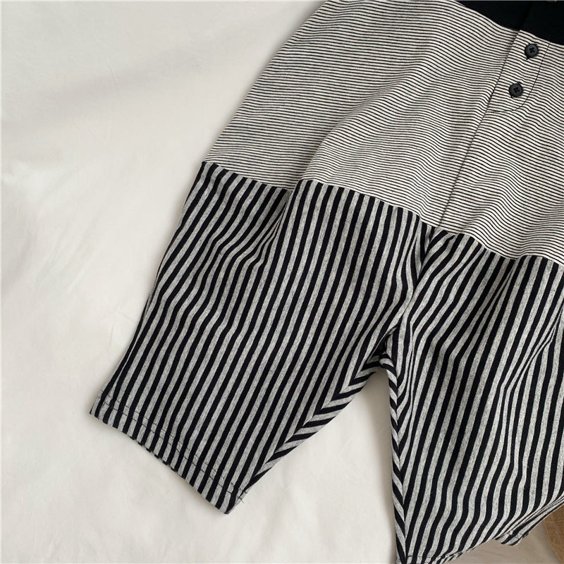 Striped Sleeveless Jumpsuit パッチワーク ノースリーブオールインワン【mh0013635】