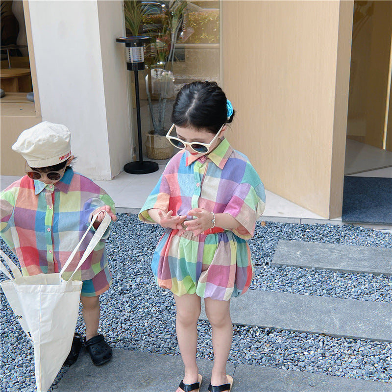 Kids' Checkered Short-Sleeved Shirt, Shorts, and Balloon Pants Set [mh0001742]