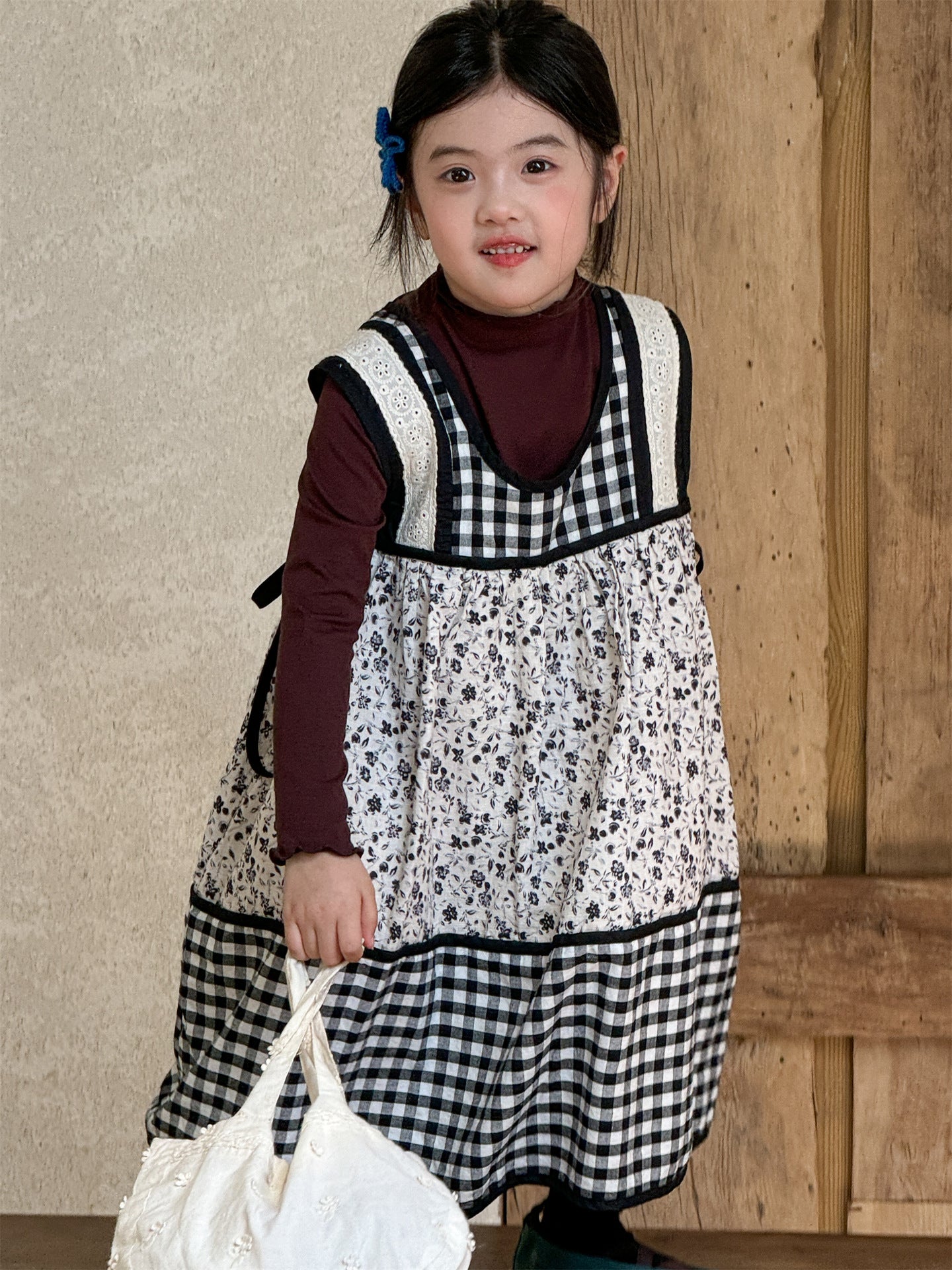 -チェック柄小花プリントノースリーブワンピース レイヤードワンピース【mh0010991】 - mamahalo shop - 長袖セットアップ -  べビー服 - 子供服 - 男の子 - 女の子