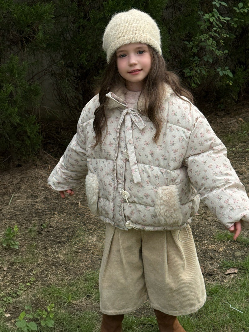 キッズ フラワー ボアフリース襟 中綿 パフジャケット【mh0014580】