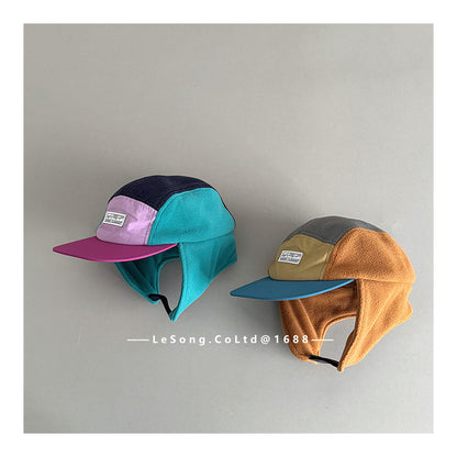 キッズ帽子 フリース カラーブロック 耳当て付き 野球帽【mh0011833】