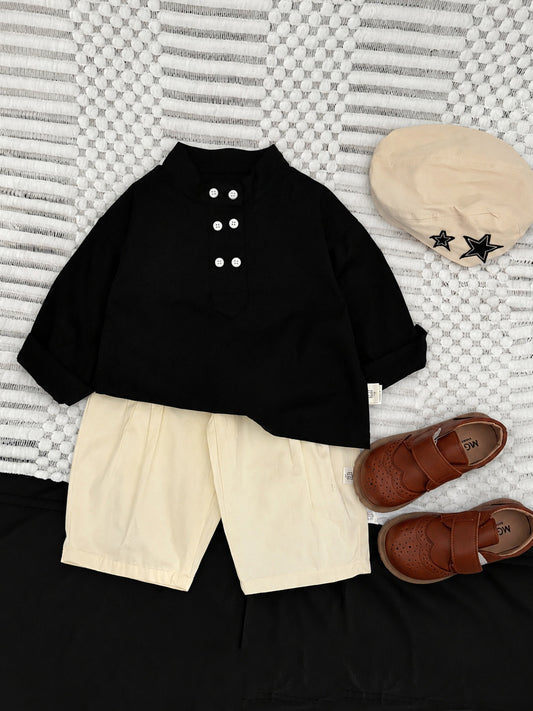Camisa de manga larga holgada con cuello levantado liso para bebés y niños pequeños [mh0014006]